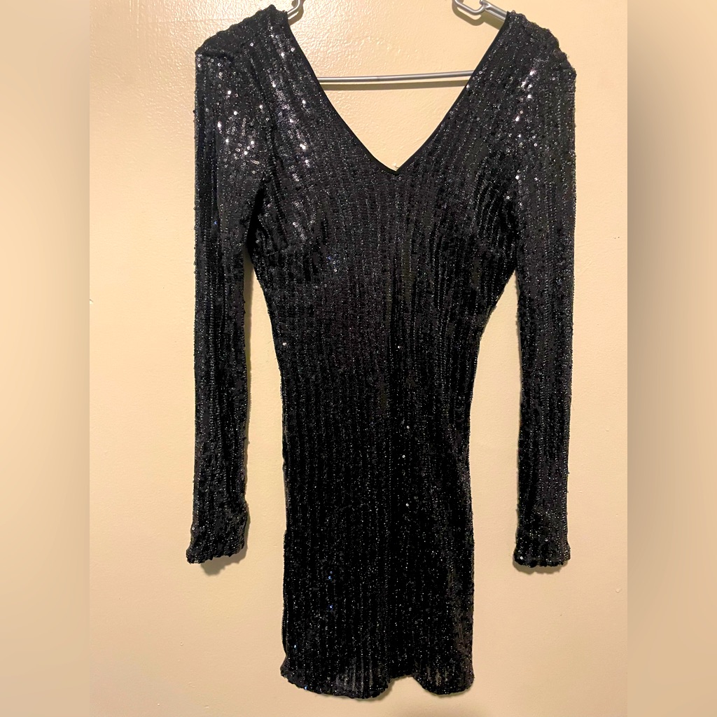 Guess Women's Black Embellished Long Sleeve Body Con Dress Size Small